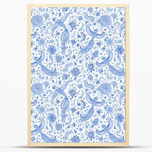 Floral seamless pattern of blue watercolor painted fantasy peacock bird, paisley elements, fairy tale flower, foliage on a white background. Textile print, wallpaper, wrapping paper