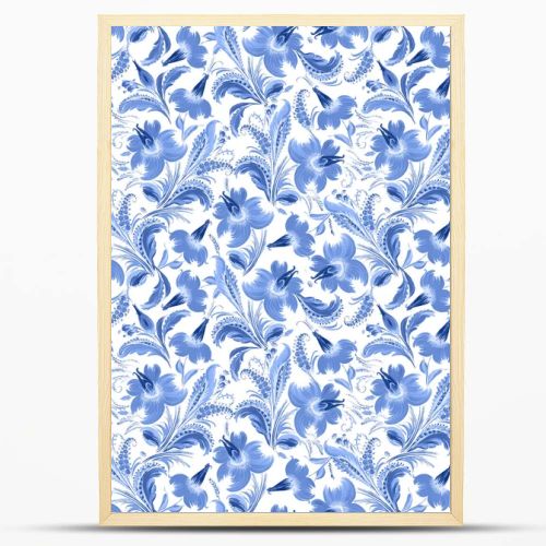 Floral seamless pattern in Ukrainian folk painting style Petrykivka. Blue flowers and leaves isolated on a white background