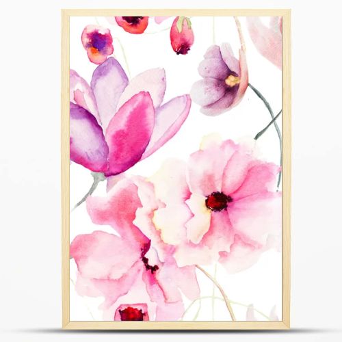 Watercolor seamless pattern with Pink flowers