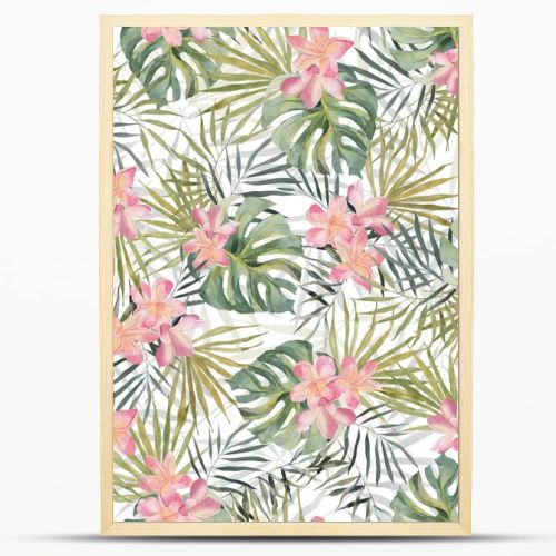 Strelitzia, palm tree, monstera leaves. Tropical exotic bright seamless pattern. Watercolor hand made botanical print. On white background. For summer beach textile, wallpaper, wrapping paper.