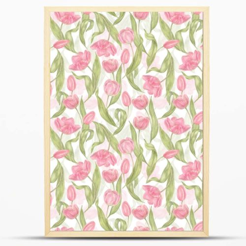 Watercolor hand drawn flowers tulips seamless pattern. Spring Botanical illustration. For background, greeting cards, invitation, birthday and mothers day, linen, wrapping paper, wallpaper, textile