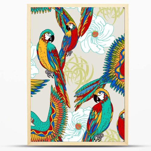 Vintage, colorful background with parrots, theme exotic beac