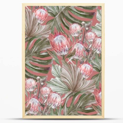 Boho Seamless watercolor pattern with herbarium and dried protea flowers