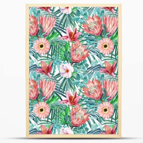 Seamless patterns. Palm leaves, tropical flowers gerbera, hibiscus on white background, watercolor botanical.