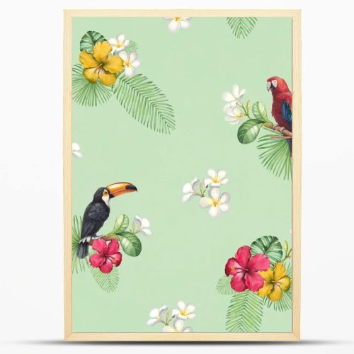 Watercolor toucan and parrot. Seamless pattern