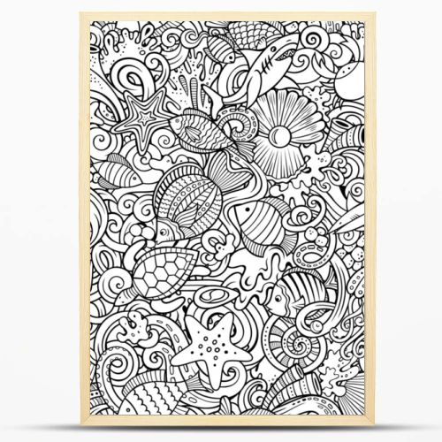 Cartoon doodles Sea Life seamless pattern. Backdrop with underwater symbols and items. Sketchy detailed background for print, coloring books, wrapping paper.