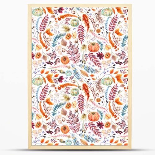 Autumn Floral Seamless Pattern. Watercolor orange, blue pumpkins. Rustic dried palm leaf, wild grass and field flowers, poppy heads, Lunaria, cotton, brown fern