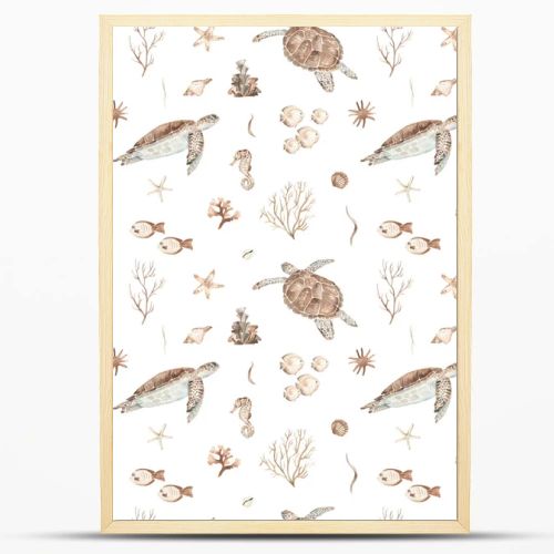 Watercolor seamless pattern with underwater brown world with sea turtles, seashells, fish, corals, sea stars, seashells on a white background