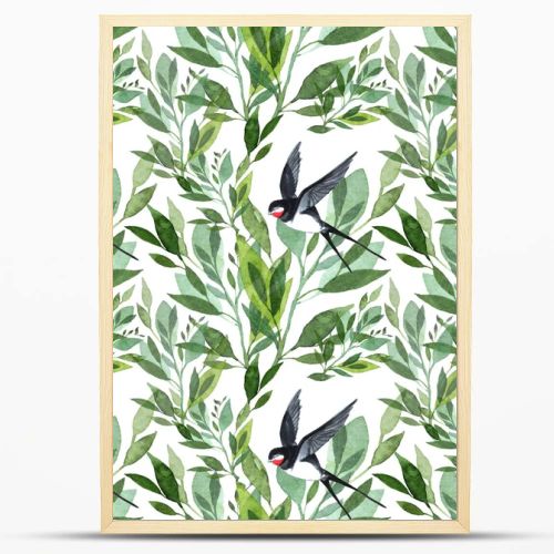 Seamless pattern watercolor branch with leaves and bird swallow on white background. Creative forest for invite, wedding, celebration, florist, card, wallpaper, wrapping, sticker, postcard