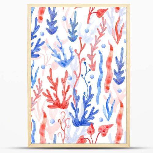 Watercolor seamless pattern with seaweeds and pearls on white background. Underwater plant hand painted illustration. Red and blue colors.