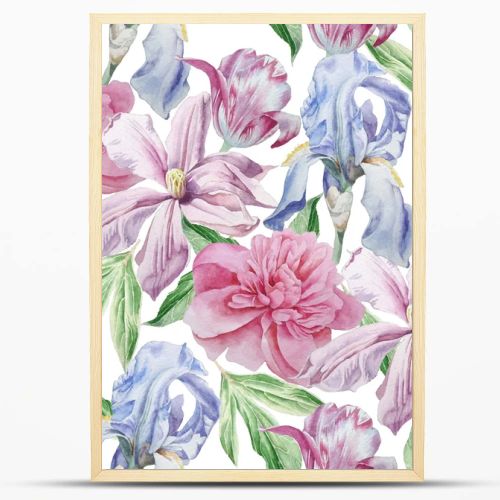 Seamless pattern with spring flowers. Peony. Clematis. Tulip. Iris. Watercolor.