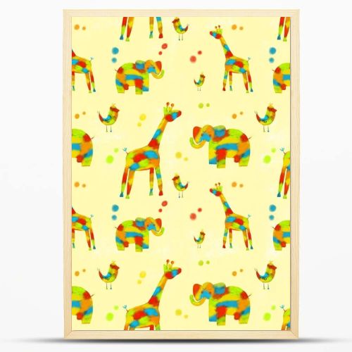 Seamless pattern with colorful animals, elephant, giraffe, birds.The illustration is drawn by hand, with curved lines. Design for clothing, fabric and other items.