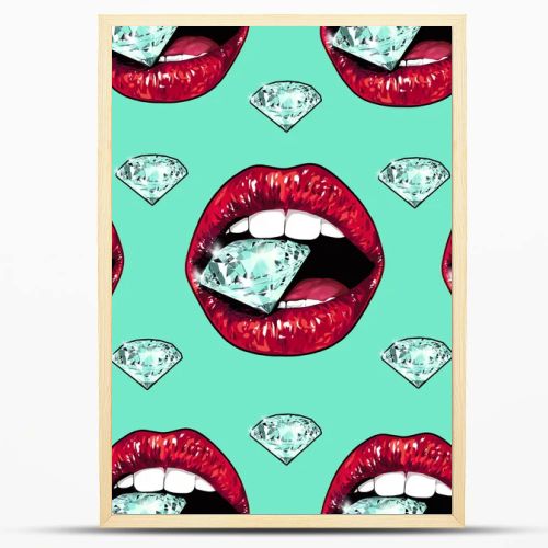 Bright lips holding a sparkling brilliant. Seamless pattern. Realistic graphic drawing. Background. Mint color