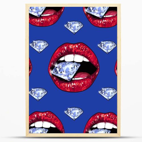 Bright red lips holding a sparkling brilliant. Seamless pattern. Realistic graphic drawing. Background. Blue color