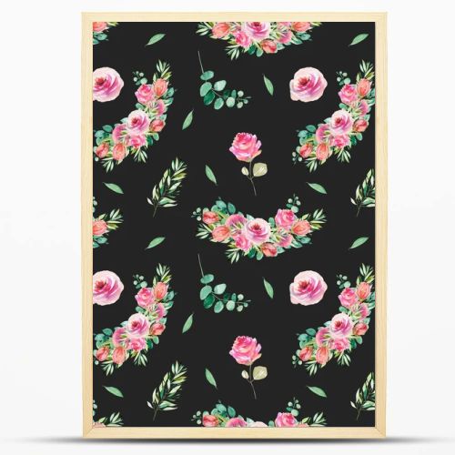 Floral seamless pattern of watercolor pink roses, greenery and eucalyptus branches, illustration on dark background