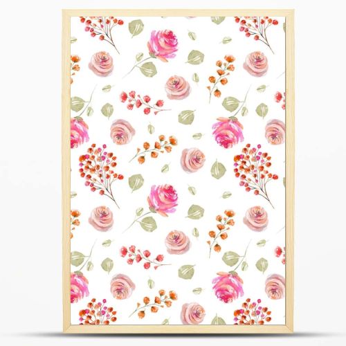 Watercolor tender pink roses and green rose leaves seamless pattern, illustration on white background