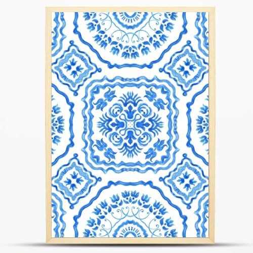 Watercolor painted indigo blue damask seamless pattern on a white background.Spanish tile with hand drawn Baroque and floral ornaments in Mediterranean majolica ceramic painting style. Batik wallpaper