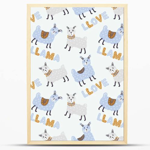 Pastel colored seamless pattern of lamas and text LLAMA LLOVE. Perfect for T-shirt, textile and prints. Hand drawn illustration for decor and design.