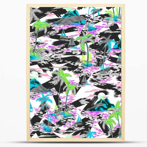 seamless multi color bright active hawaiian tropical summer pattern with palms, mountains, boats