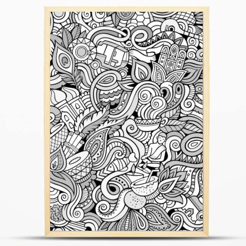 Cartoon cute doodles hand drawn Indian culture seamless pattern