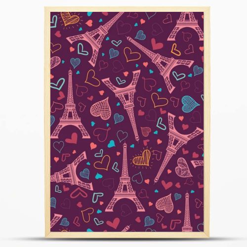 Vector Pink Eifel Tower Paris Seamless Repeat Pattern Surrounded By St Valentines Day Hearts Of Love. Perfect for travel themed postcards, greeting cards, wedding invitations.