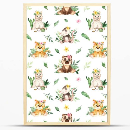 Cute animal jungle kids in tropical plants on a white background. Watercolor seamless pattern