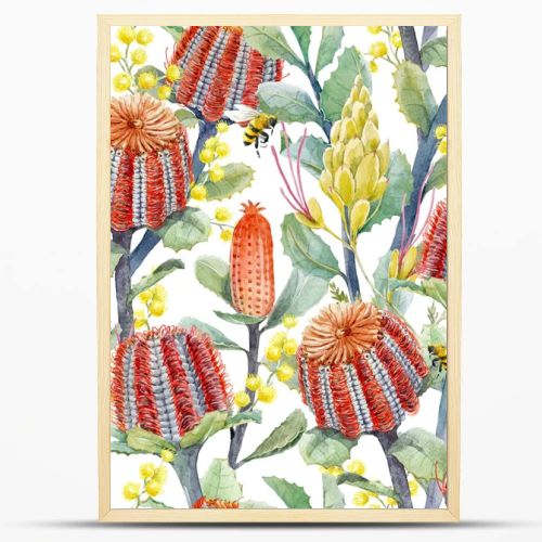 Watercolor australian banksia floral pattern