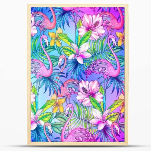 seamless pattern with tropical florals and flamingo.