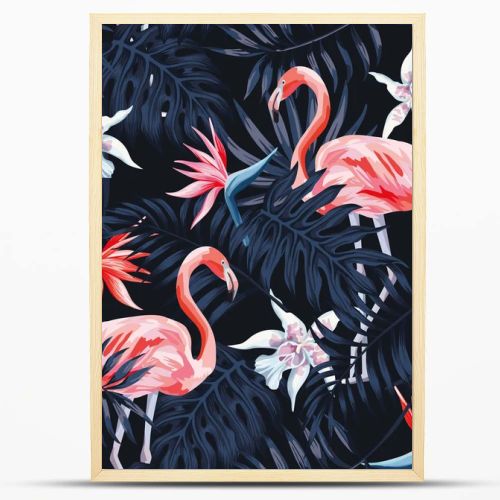 flamingo strelitzia palm leaves dark background pattern