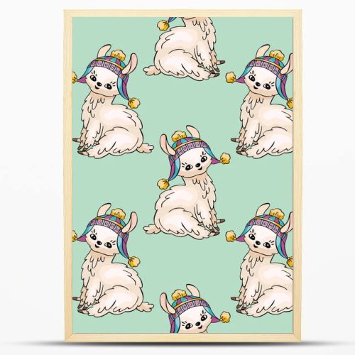 Seamless pattern with the image of cute llamas in doodle style. Colorful vector background