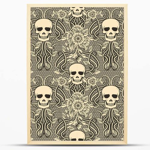 Seamless pattern with skull and flowers in art nouveau style, vector illustration