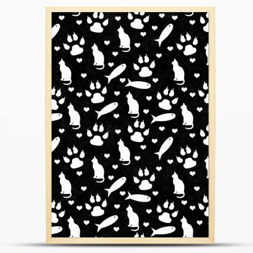 Black and white cat,  paw prints, fish, and hearts seamless and repeat pattern background with texture