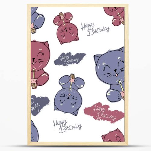 Vector cute cat and elements seamless pattern, isolated on white. cat blows out the candle on the cupcake. hand written Happy Birthday. children's style. wallpaper, wrapping paper, printing on fabric, clothes. background