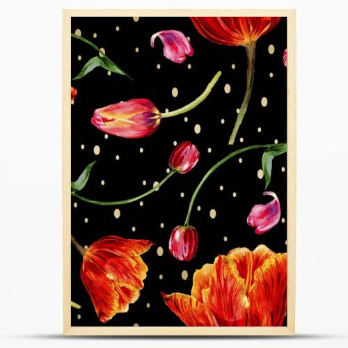 Amazing red tulip flowers with green leaves. Hand drawn botanical flowers. Watercolor background illustration. Seamless pattern. Fabric wallpaper print texture.