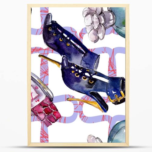 Parfume, watch, shoes and bag sketch fashion glamour illustration in a watercolor style. Watercolour clothes accessories set trendy vogue outfit. Aquarelle fashion sketch for seamless pattern.