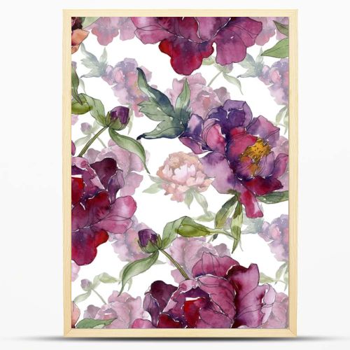 Purple peonies watercolor illustration set. Seamless background pattern. Fabric wallpaper print texture.