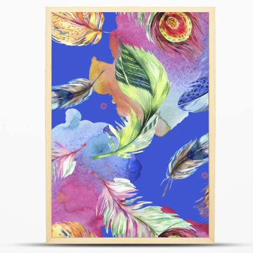 Colorful bird feather from wing. Watercolor background illustration set. Watercolour drawing fashion aquarelle isolated. Seamless background pattern. Fabric wallpaper print texture.