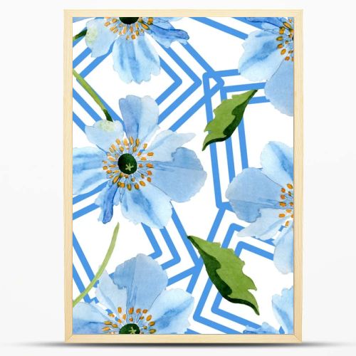 Beautiful blue poppy flowers with green leaves isolated on white. Watercolor background illustration. Watercolour aquarelle. Seamless background pattern. Fabric wallpaper print texture.