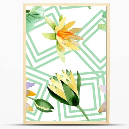 Beautiful yellow lotus flowers isolated on white. Watercolor background illustration. Watercolour drawing fashion aquarelle. Seamless background pattern.