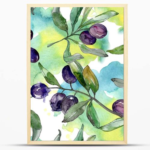 Black olives on branches with green leaves. Botanical garden floral foliage. Watercolor background illustration. Seamless background pattern. Fabric wallpaper print texture.