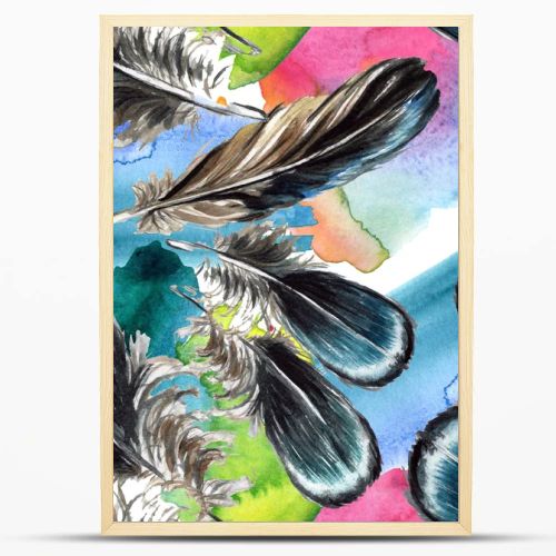 Black feathers watercolor drawing. Seamless background pattern. Fabric wallpaper print texture. 