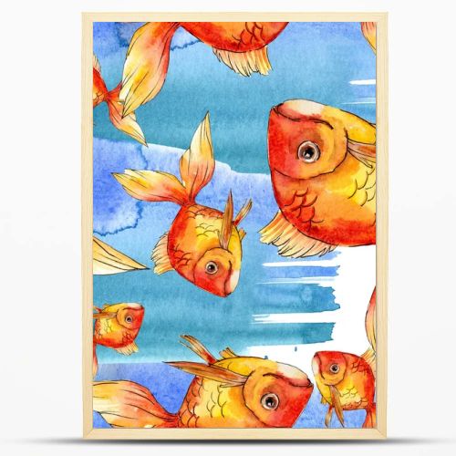 Watercolor aquatic colorful goldfishes with colorful abstract illustration. Seamless background pattern. Fabric wallpaper print texture.