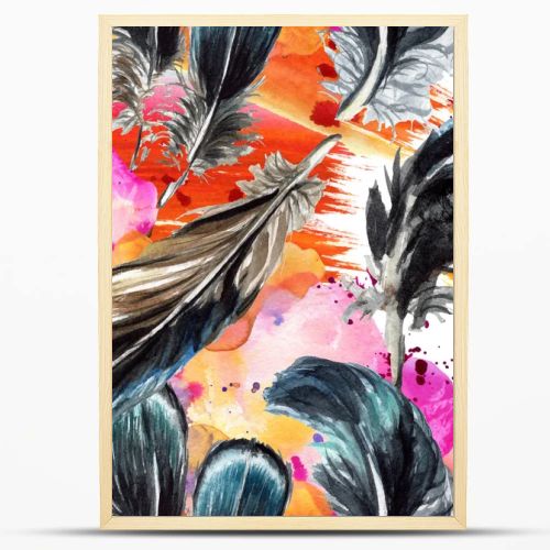 Blue and black bird feathers from wing. Watercolor background illustration set. Seamless background pattern.