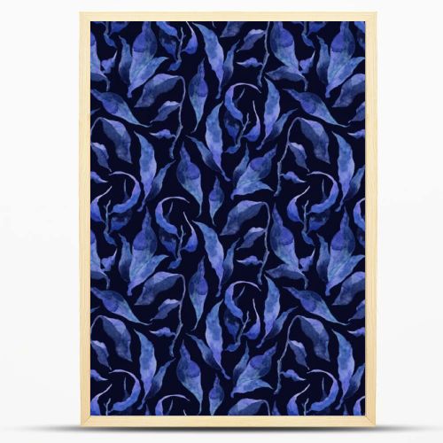 Hand painted watercolor ink leaves seamless floral pattern background. Blue leaves seamless watercolor leaf pattern for fabric, wallpapers, gift wrapping paper, scrapbooking.