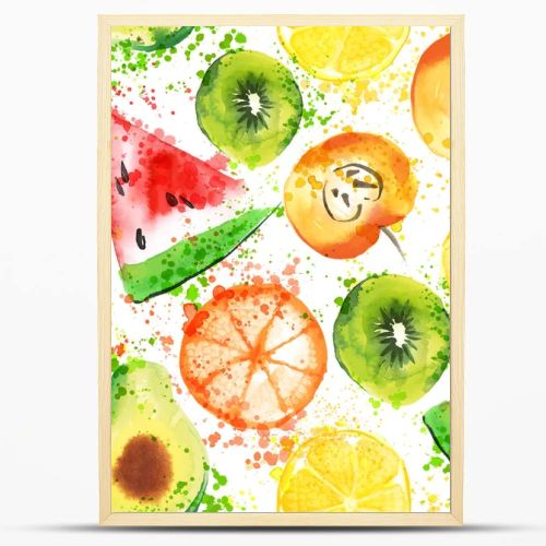 Set of Fresh fruit watercolor objects. Watercolored apple, citruses, avocado and qiwi in one art collection with splashes. Healthy lifestyle set with fruits and juice splash