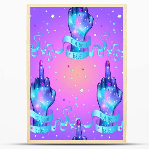 Female hand showing middle finger, galaxy inside. Seamless pattern. Occult design vector illustration in pink pastel goth colors isolated on white. Sticker, patch, poster graphic design.