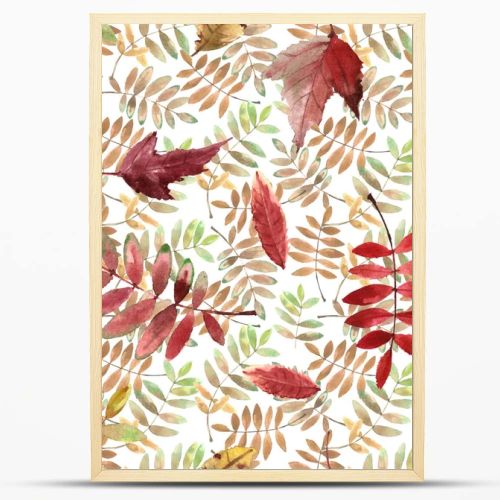 Watercolor pattern with bright autumn leaves isolated on white background