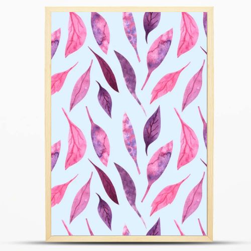 Seamless watercolor pattern with pink and fiolet leaves on a light blue background.