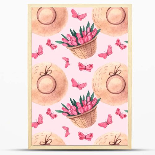 Seamless watercolor pattern with tulips in a basket and hats