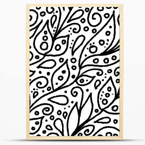 Hand-drawn black and white abstract floral seamless pattern. One color outline texture on white background consists of leaves, circles, dots, swirls and drops. Wrapping paper, scrapbooking, textile.